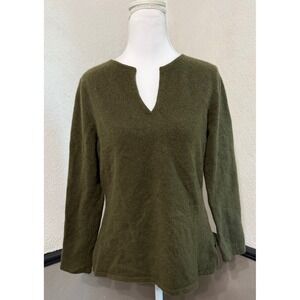 Prive Cashmere Sweater Womens Large Olive Green Split Neck Long Sleeve Knit Top